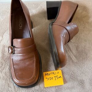 Women's Brown Leather Block Heel Loafers by Markon
